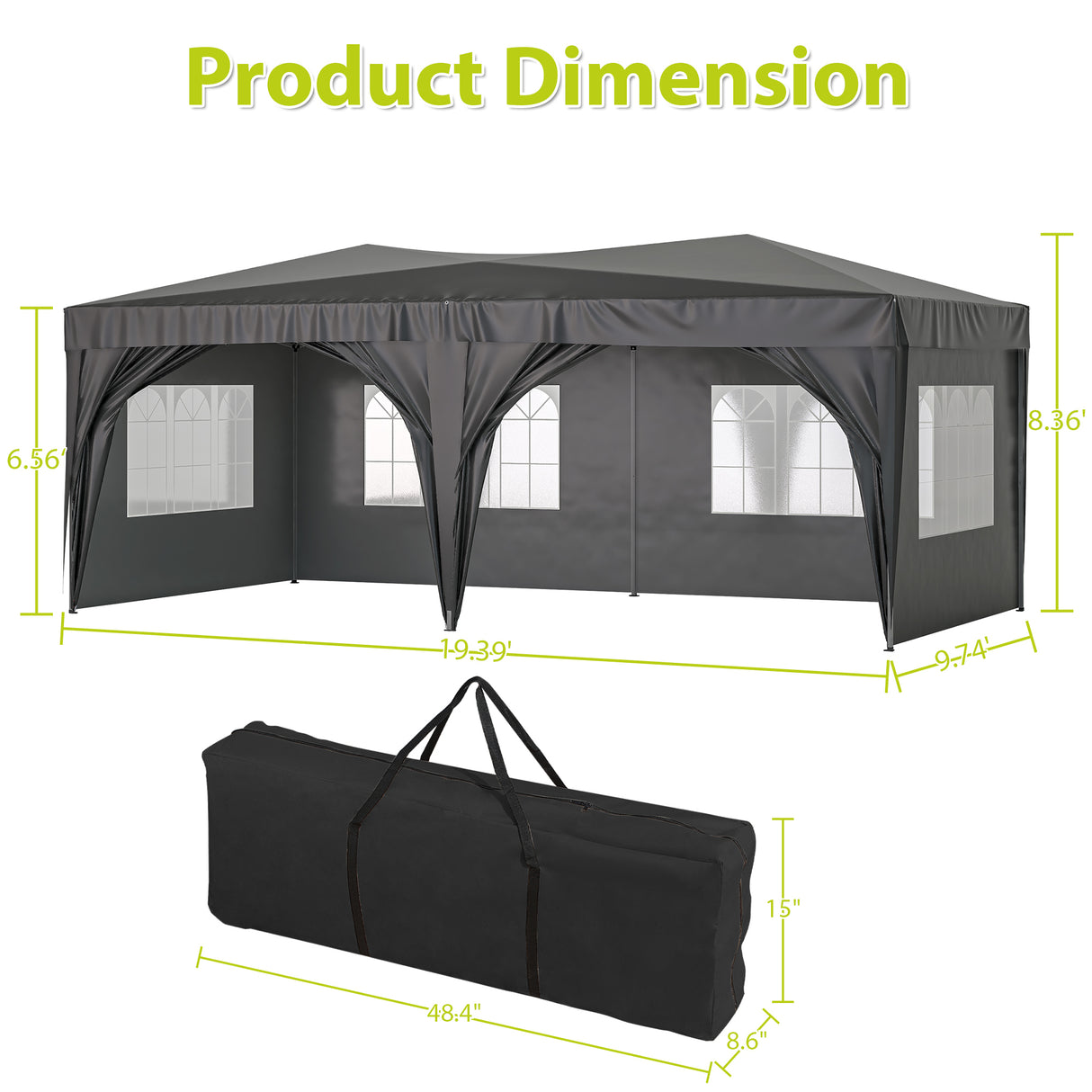 10'x20' EZ Pop Up Canopy Tente pliante de fête portable d'extérieur avec 6 parois latérales amovibles + sac de transport + 6 sacs de poids Beige noir