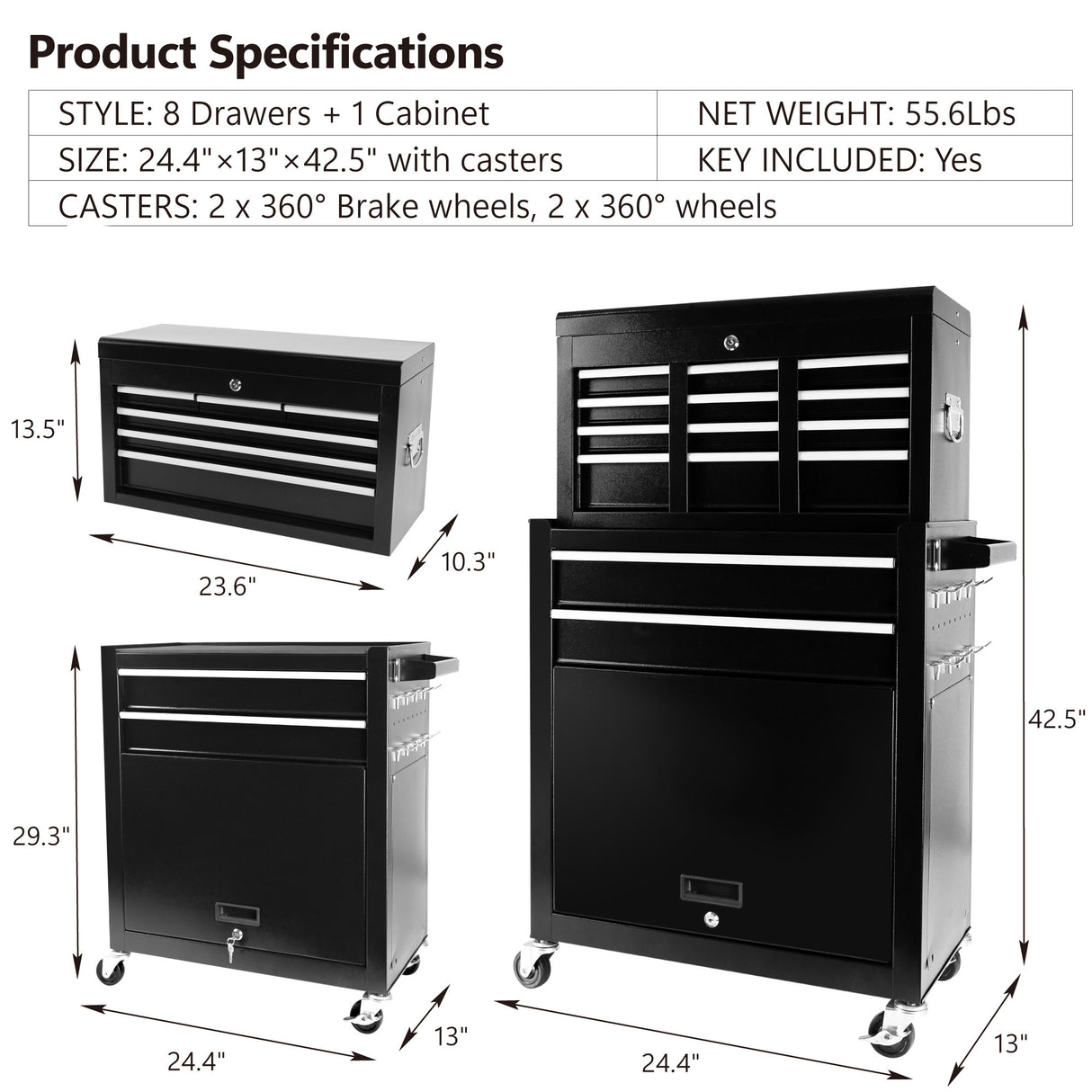 8-Drawer Large Mobile Steel Tool Storage Organizer na may Wheels Lock&Liner para sa Warehouse Workshop