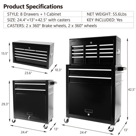 8-Drawer Large Mobile Steel Tool Storage Organizer with Wheels Lock&Liner for Warehouse Workshop