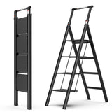 4-staps ladder Huishoudelijke veiligheid Intrekbare handgreep Opvouwbare kruk met antislip breed pedaal Aluminium 300 lbs - Zwart