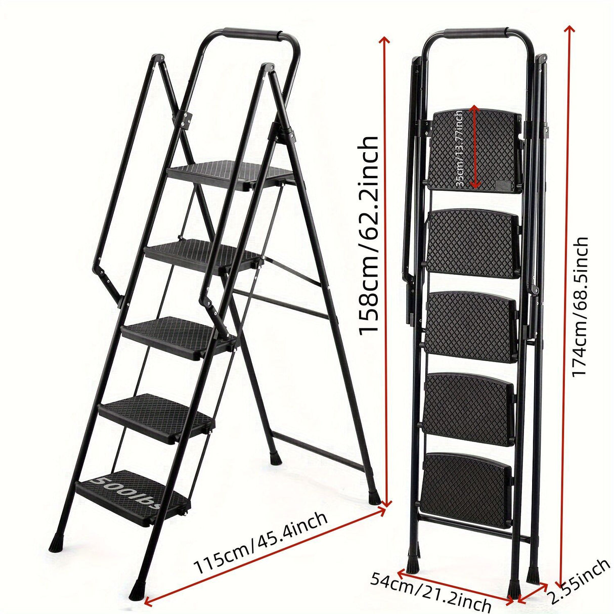 5-Step Ladder Folding Stool with Anti Slip Wide Pedals with Safety Handle Lightweight 300 Pound Portable Steel Black