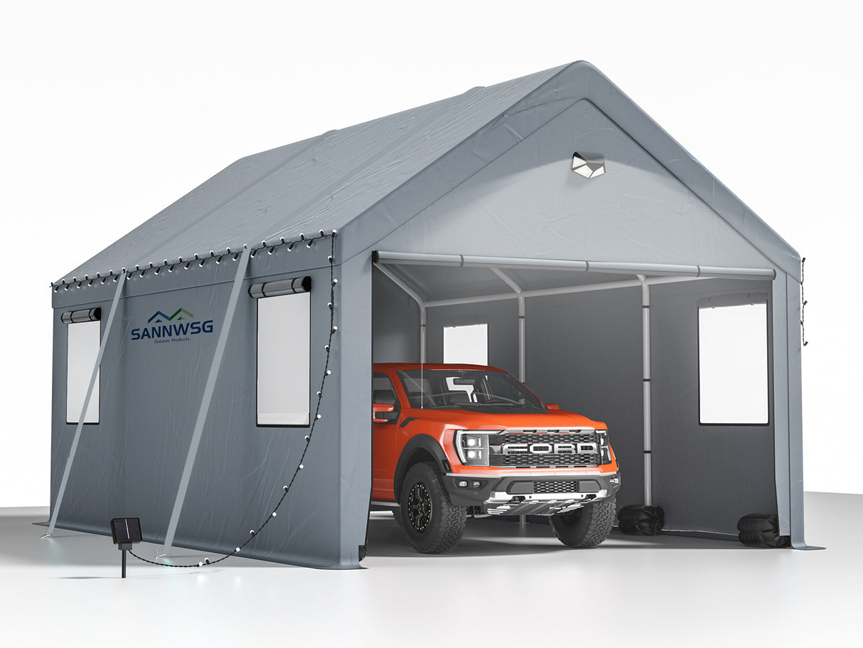 Sannwsg 10x16 Heavy Duty Carport Luifel Extra Grote Draagbare Autotent Garage met Oprolbare Ramen en All-Season Tarp Cover Zijwanden en Afneembaar Dak voor Auto SUV Boten & Vrachtwagen Shelter Logic Storage - Grijs