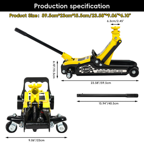 Zasięg podnoszenia 3,35"–14,17" Hydrauliczny podnośnik podłogowy 2,25 tony Podstawki podłogowe o udźwigu 3 ton Zestaw do naprawy opon Niskoprofilowy serwis Udźwig 4960 funtów Podwójne sworznie blokujące - żółte