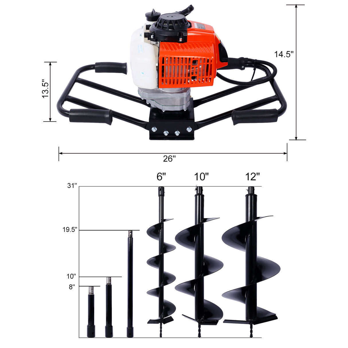 2.7HP ポストホールディガー 63cc 二人用ハンドル ガス動力 2 ストローク オーガー 掘削ドリル シャフトサイズ 3/4 インチ (機械のみ) EPA 準拠、L6 インチ + L10 インチ + L12 インチ ドリルビット + 外部ロッドキット付き