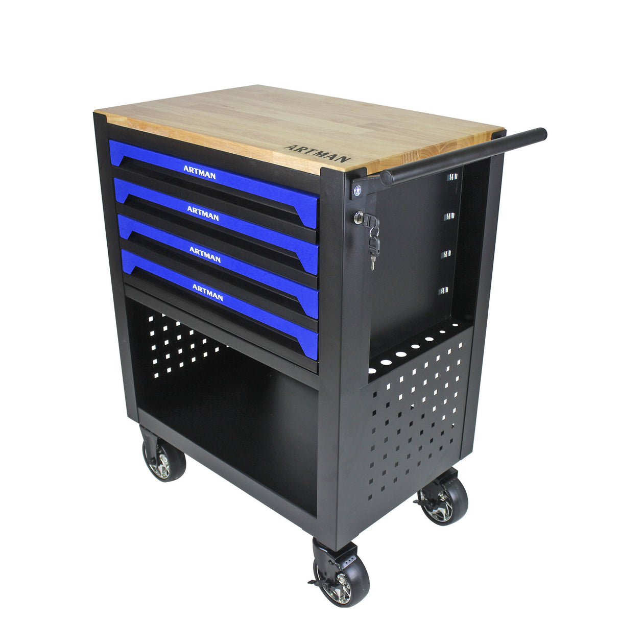 4 Drawers Multifunctional Tool Cart with Wheels and Wooden Top Blue