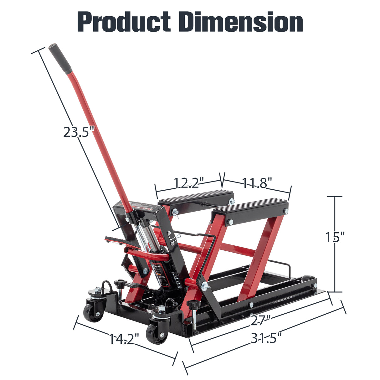 Cric de levage hydraulique pour moto, capacité de 1500 LBS, table à commande au pied, ciseaux pour VTT avec plage de levage de 4,5" et 15", portable avec roues - Rouge