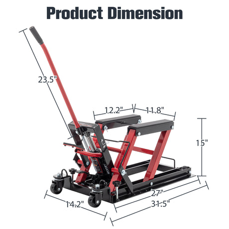 Hydraulic Motorcycle Lift Jack 1500 LBS Capacity Foot Operated Table ATV Scissor with 4.5" 15" Lifting Range Portable with Wheels--Red