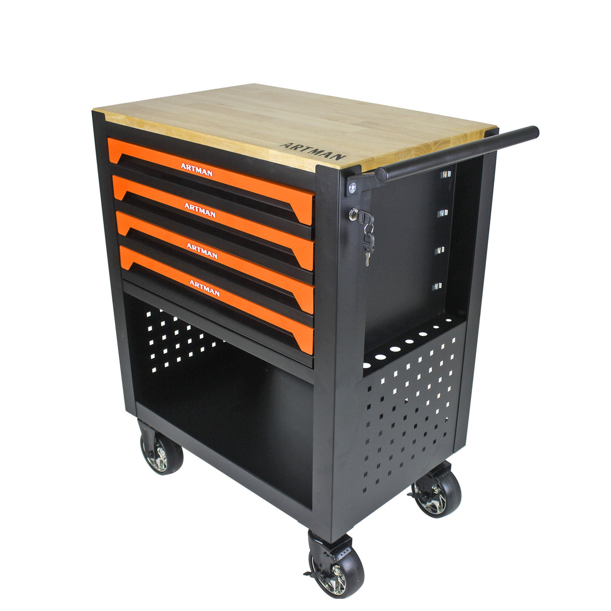 4 Drawers Multifunctional Tool Cart with Wheels and Wooden Top Orange