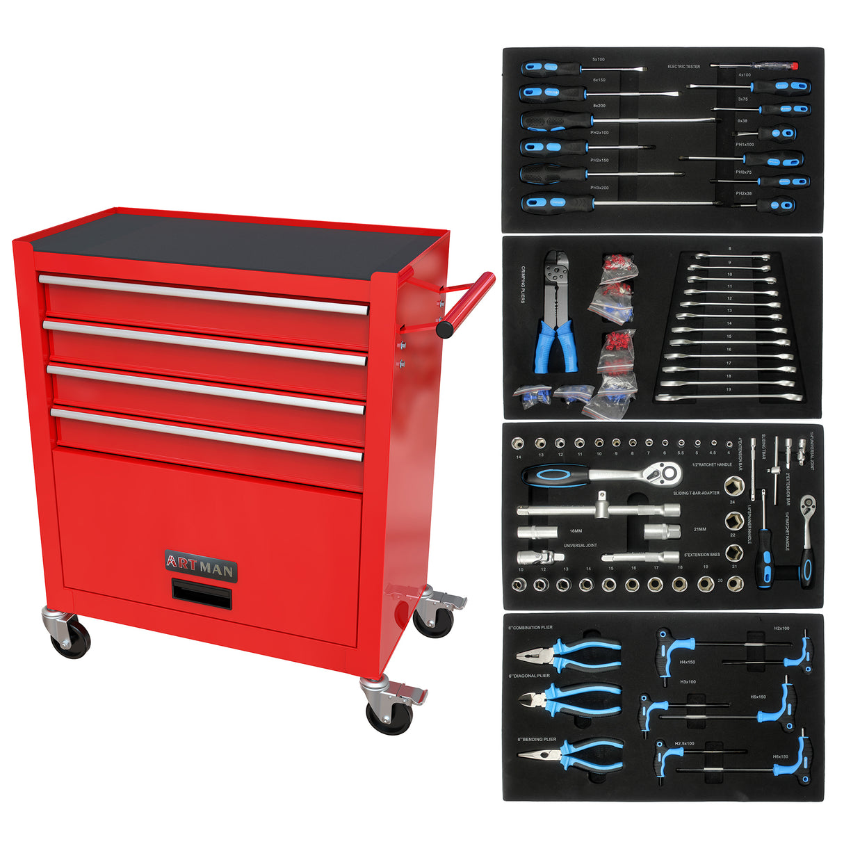 Armoire à outils 4 tiroirs avec ensembles d'outils rouge