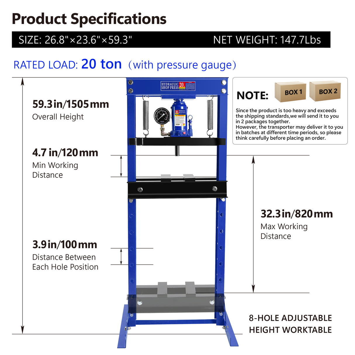 20 Ton Hydraulic Shop Press H-Frame Garage Floor Adjustable with Plates Working Table Height