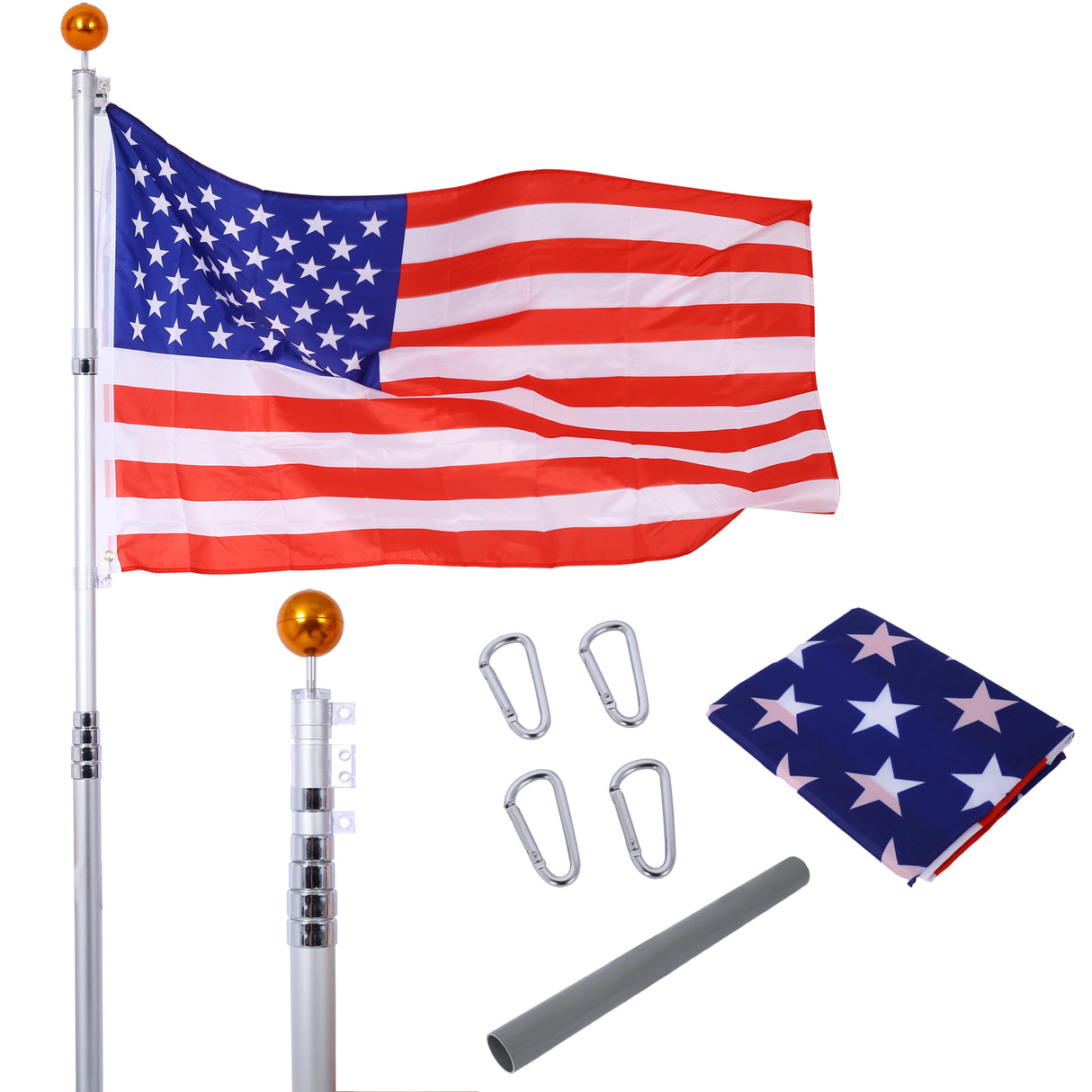 25FT Telescopic Sectional Flag Pole Kit Extra Thick Heavy Duty Aluminum Flagpole Outdoor Inground na may Topper Balls para sa Yard Residential o Commercial