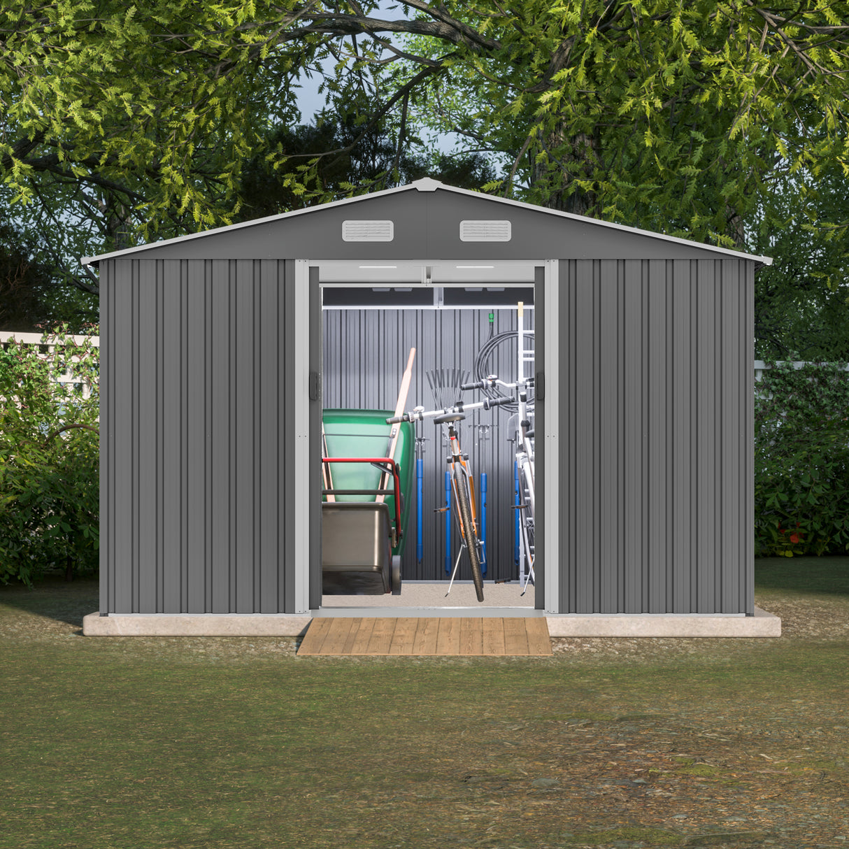 10X8 FT Outdoor Storage Shed Metal Foundation at Lockable Doors Tool para sa Patio ng Hardin sa Backyard Lawn Gray