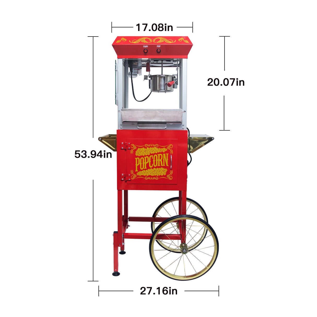 Popcorn Machine with Cart 8oz Popper with Stainless-Steel Kettle Heated Warming Deck and Old Maids Drawer Red