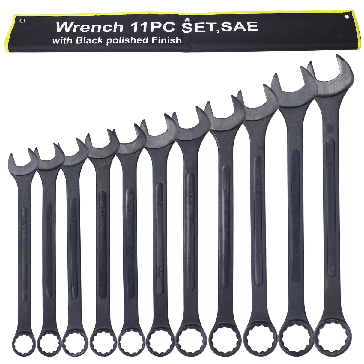 Jumbo Combination Wrench Set Extra Large SAE 1-5/16'' to 2'' Black Oxide with Pouch 11-piece