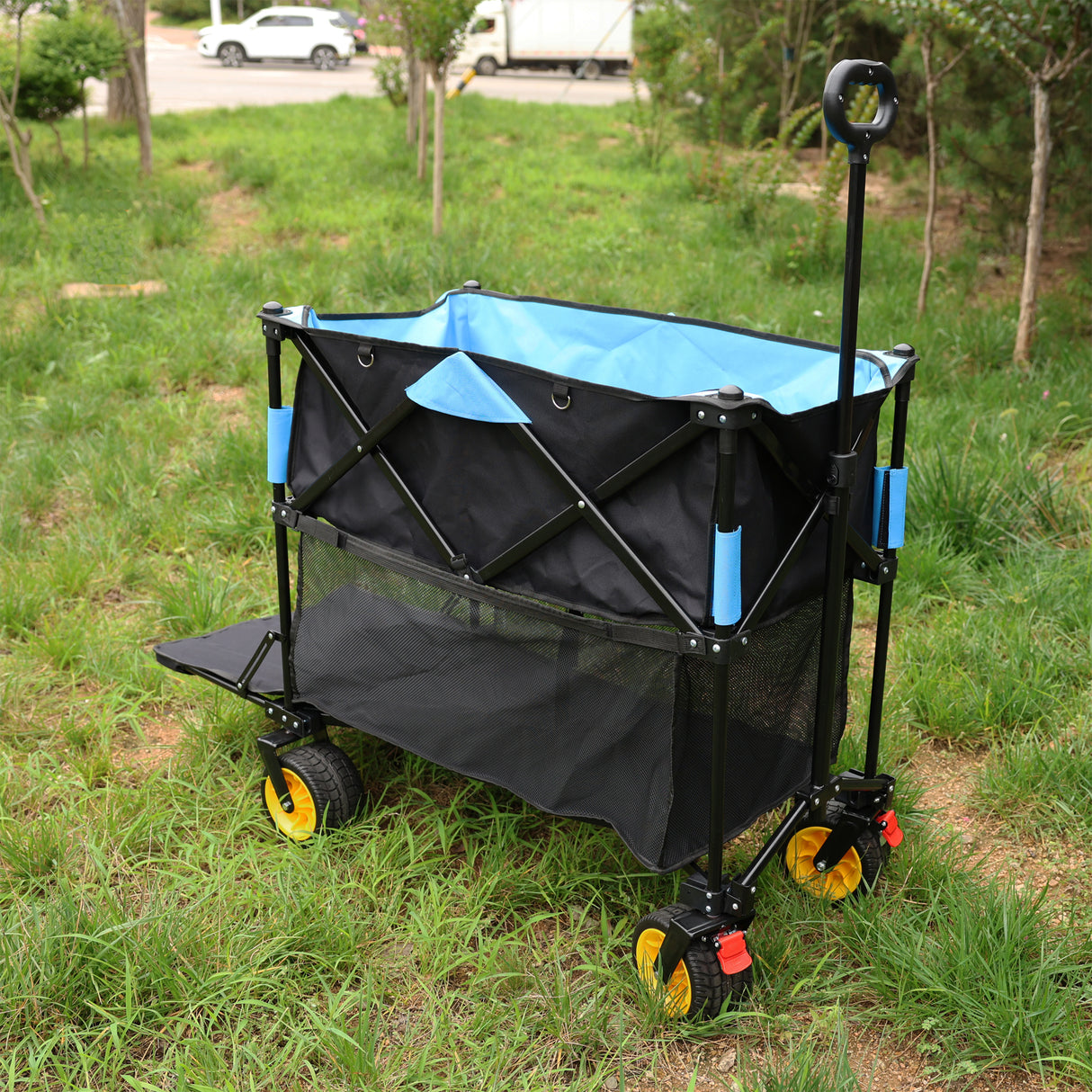 Carro plegable de gran capacidad, carro extensor Extra largo, carrito plegable para compras de jardín, carrito de playa, negro y azul