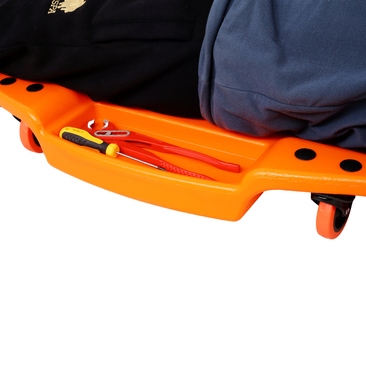 Plastic Creeper 48 Inch Blow Molded Ergonomic HDPE Body na may Padded Headrest at Dual Tool Tray na 440 Lbs Capacity Orange