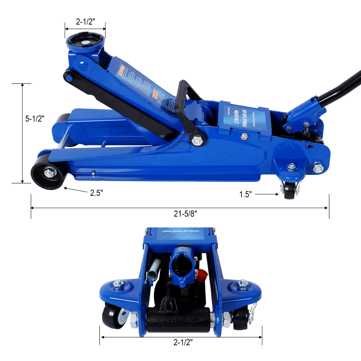 Gato de piso de carreras de acero resistente, perfil bajo, 2,5 toneladas, con bomba de elevación de un solo pistón, rango de elevación de 3,5"-14,50"