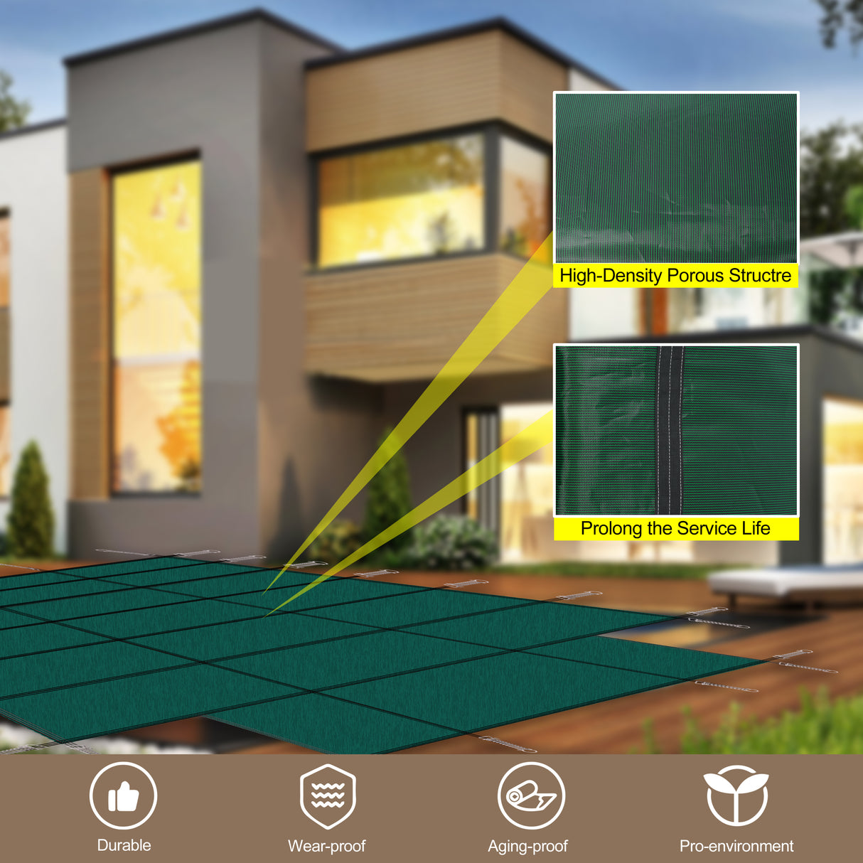プール安全カバー 16x32フィートの長方形地下冬季スイミングプールに適合 4x8フィートのセンターエンドステップ付き トリプルステッチ高強度メッシュPP 優れた雨透過性設置金具 - グリーン