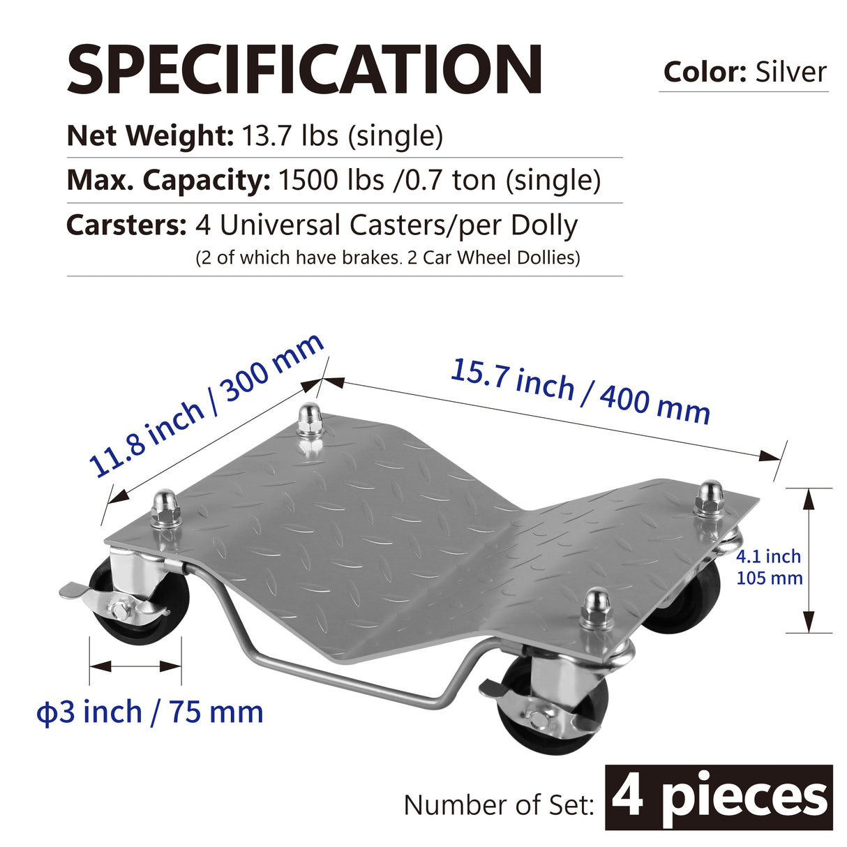 4 stk / 6000 lbs dekk bilhjul Dolly Dollies Skate Bilreparasjon Slidekapasitet