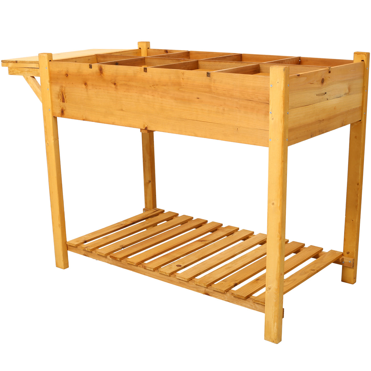 Support de jardinière en bois surélevé à 8 poches avec table d'appoint pliable et étagère de rangement pour herbes/légumes/fleurs - Marron