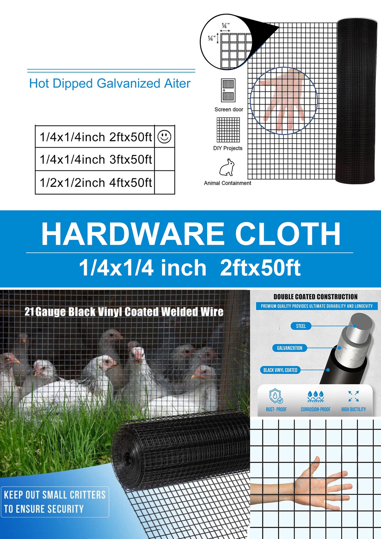 24 inch×50 ft Black Vinyl Coated Hardware Cloth 21 Gauge 1/4 inch PVC Welded Wire Fence Sinusuportahan ang Poultry-Netting Cage-Home Improvement at Chicken Coop