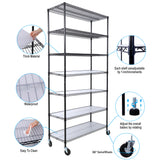 7 Tier Metal Shelf Wire Shelving Unit 2450lbs Heavy Duty Adjustable Storage Rack na may Mga Gulong at Shelf Liner para sa Closet Kitchen Garage Basement Commercial Shelving 81.5" H x 48" L x 18" D Black