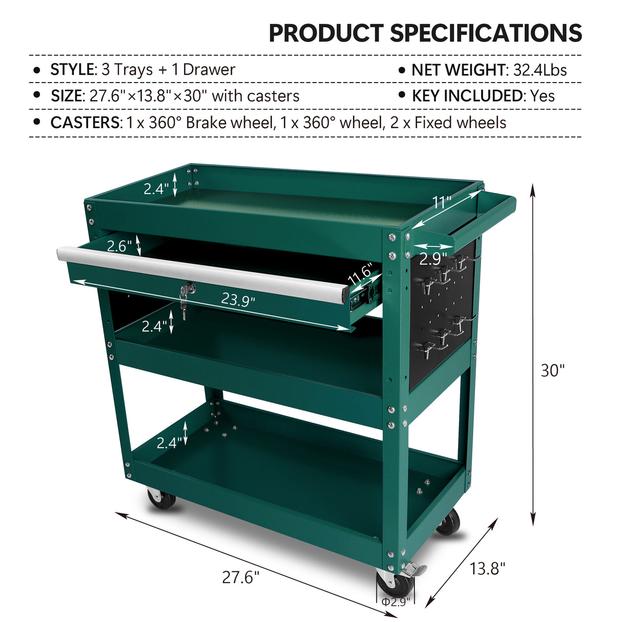 Chariot à outils roulant à 3 niveaux, organisateur utilitaire robuste avec tiroir de rangement, service commercial industriel pour mécanicien, garage, entrepôt et atelier de réparation