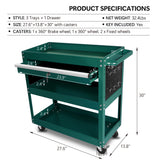 3 Tier Rolling Tool Cart Heavy Duty Utility Organizer na may Storage Drawer Industrial Commercial Service para sa Mechanics Garage Warehouse at Repair Shop