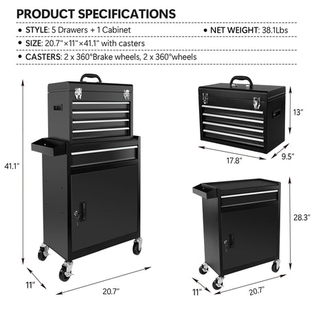 Organisateur d'atelier de Garage roulant, coffre à outils détachable à 5 tiroirs avec grande armoire de rangement, boîte à outils organisateur noir