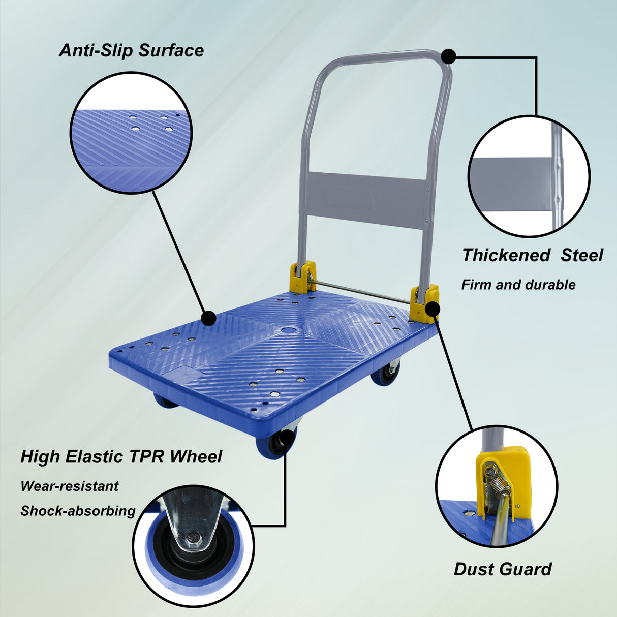 Foldable Platform Push Hand Truck Cart 440 lbs. Weight Capacity 2 Swivel Brake Wheels--Blue