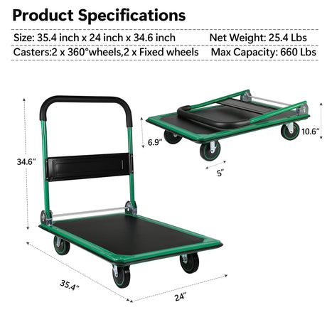 Platform Hand Truck Large Size Foldable Dolly Cart for Moving Easy Storage and 360 Degree Swivel Wheels 660lbs Weight Capacity