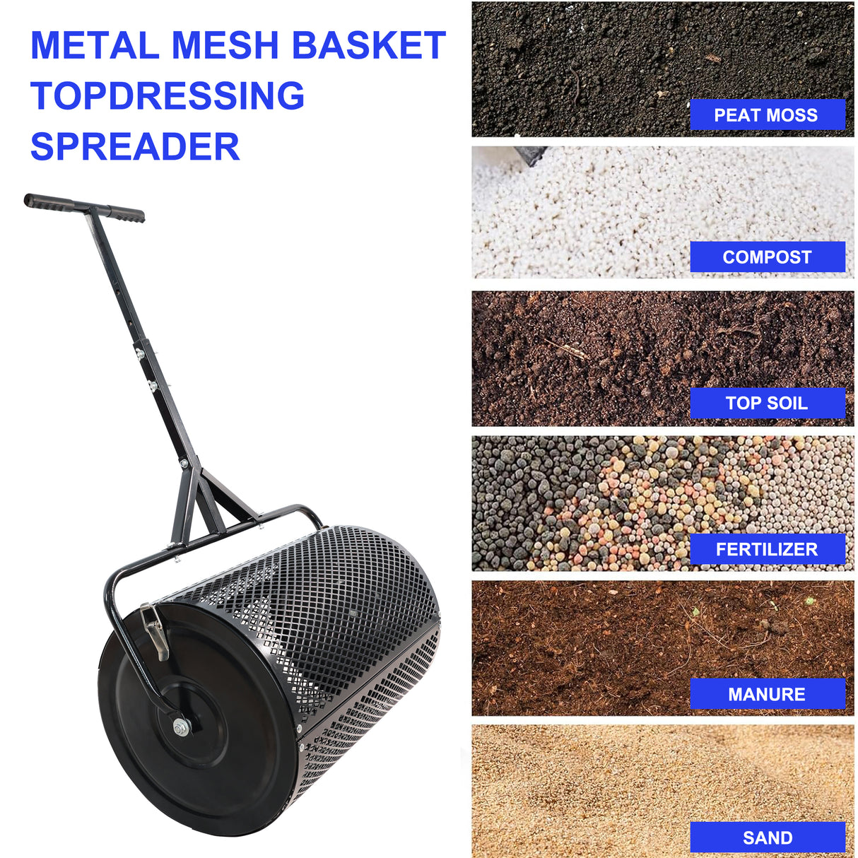 Compost Peat Moss Spreader na may Upgrade T Shaped Handle para sa Pagtanim ng Seeding Matibay Magaang Metal Mesh para sa Lawn Garden Care Dure Black