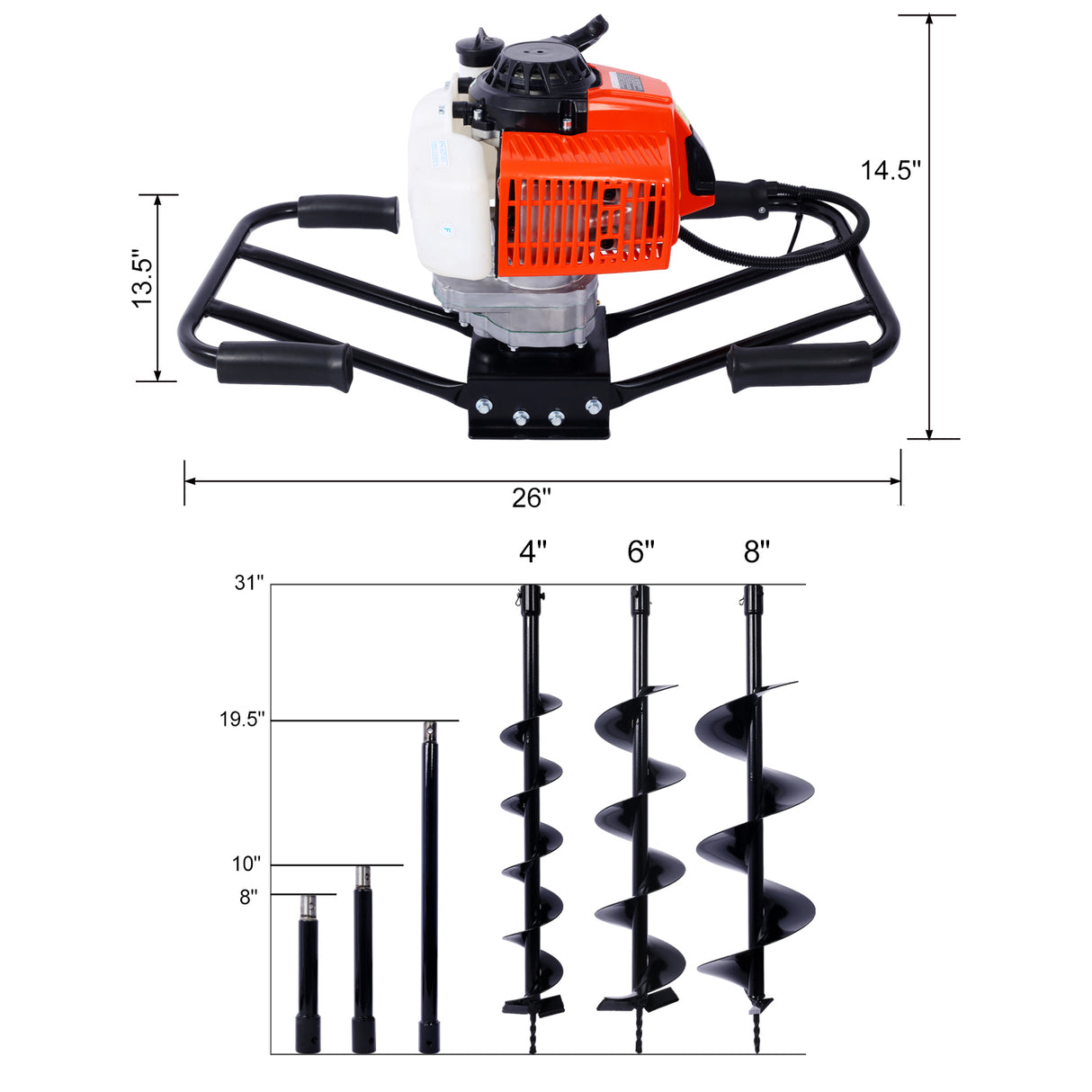 2,7 PK paalgraafmachine 63cc tweepersoonshandgreep, gasaangedreven 2-takt grondboor, boorasmaat 3/4" (alleen machine) EPA-KLACHT Met L4"+L6"+L8" BOORBITS+EXT STAAFKITS