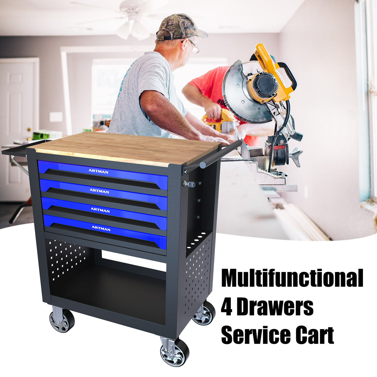 4 Drawers Multifunctional Tool Cart with Wheels and Wooden Top Blue