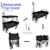 Carrito de mano portátil plegable resistente con dosel extraíble, ruedas de 8 pulgadas, asas ajustables y doble tela para ir de compras, picnic, playa, camping, color negro