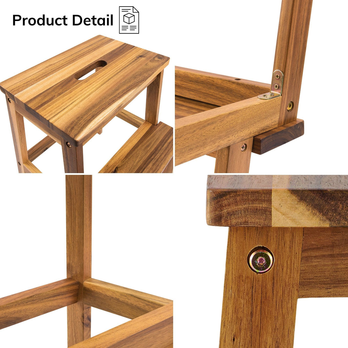 Acacia Wood Two Steps Stool Maliit na Sukat Parihaba 250 lbs Kapasidad