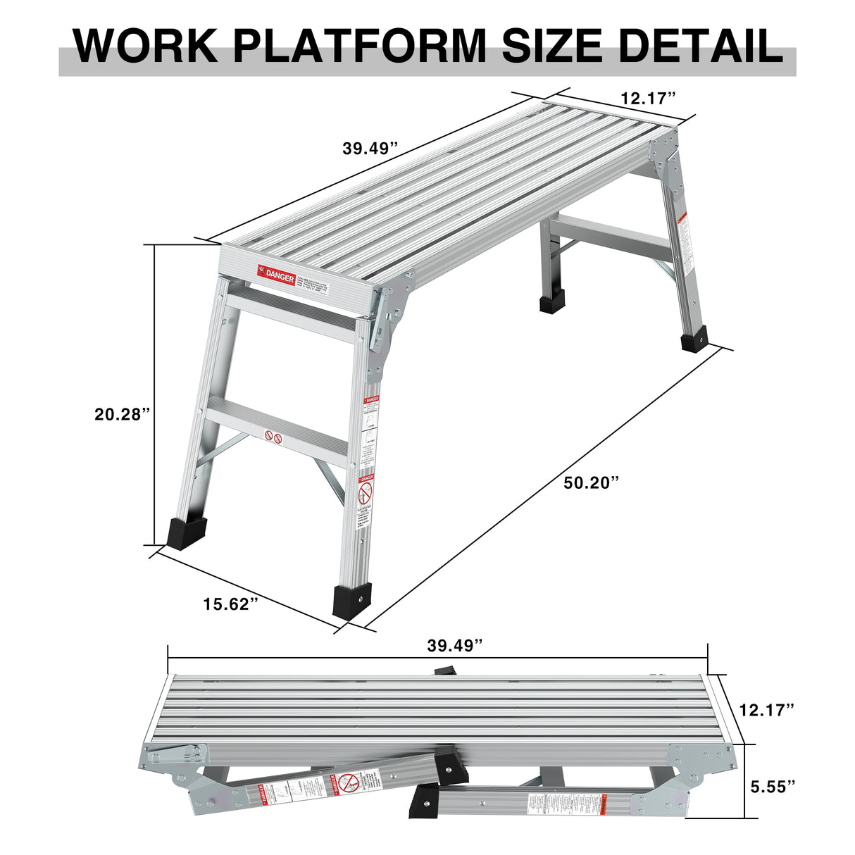 Plate-forme de travail en aluminium, banc portatif, échelle pliante, capacité ANSI 225 LBS, 40 pouces, gris