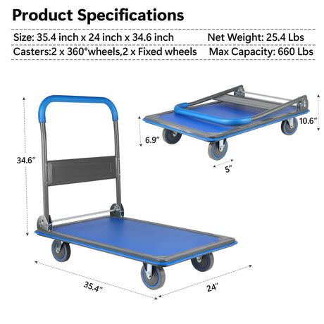 Heavy Duty Rolling Foldable Push Dolly Metal Tool Cart Platform Truck Luggage 660lbs na may mga Gulong