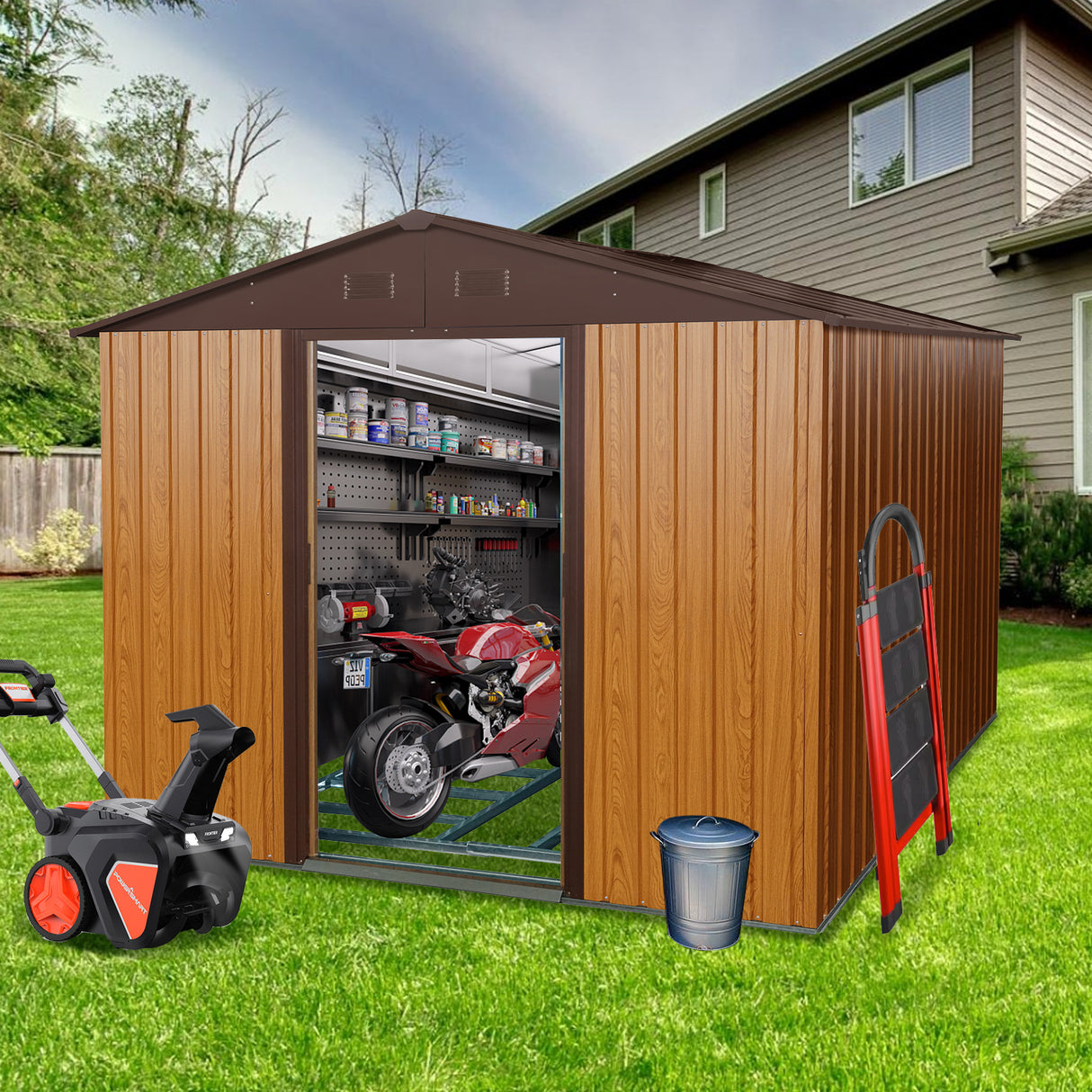 8ft x 10ft Outdoor Storage Shed na may Metal Floor Base Coffee