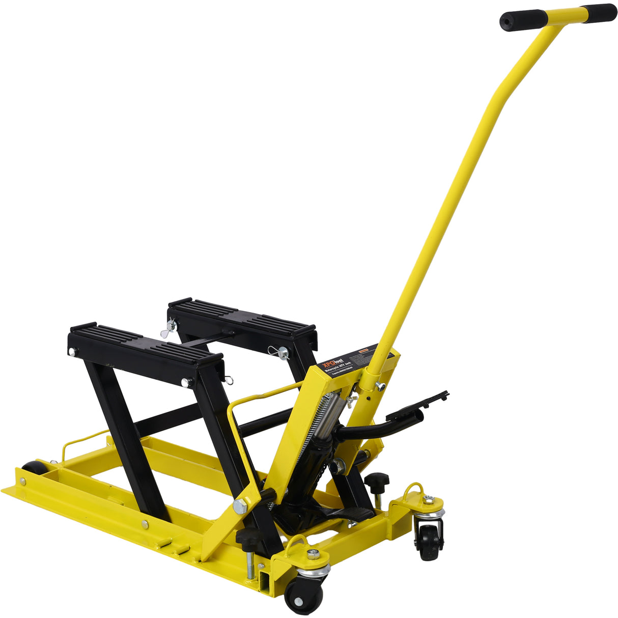 Gato elevador hidráulico para motocicleta, capacidad de 1500 libras, mesa portátil de tijera ATV con 4 ruedas, soporte de elevación accionado por el pie con amarre, color amarillo