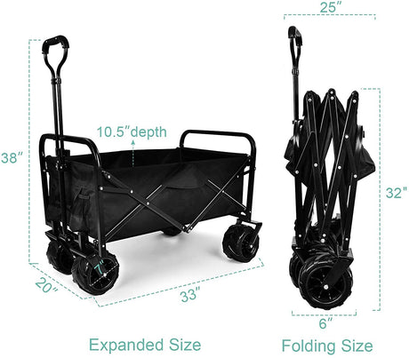 Chariot portable pliable robuste avec roues tout-terrain élargies de 7'' empêchant de s'enfoncer dans le sable, poignées réglables et double tissu pour le shopping, le parc, la plage, le camping, noir