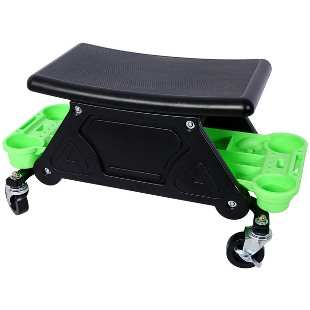 Mechanic Stool 300 LBS Capacity Garage Gift for Men Heavy Duty Rolling Seat with Three Slide Out Tool Trays and Drawer for Automotive Auto Repair--Green