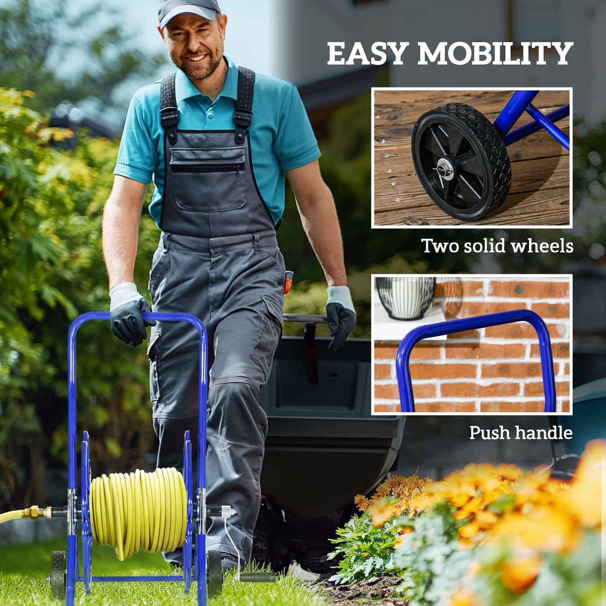 Carrello avvolgitubo portatile da giardino per acqua, può contenere fino a 98' di tubo da 5/8" (tubo non incluso) con ruote per prato da giardino - Blu