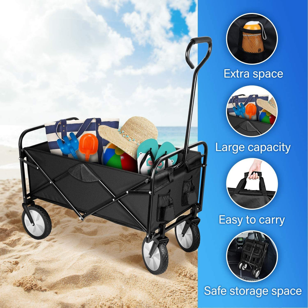 Heavy Duty Folding Portable Hand Cart with Removable Canopy 8'' Wheels Adjustable Handles and Double Fabric for Shopping Picnic Beach Camping 220 lbs Capacity