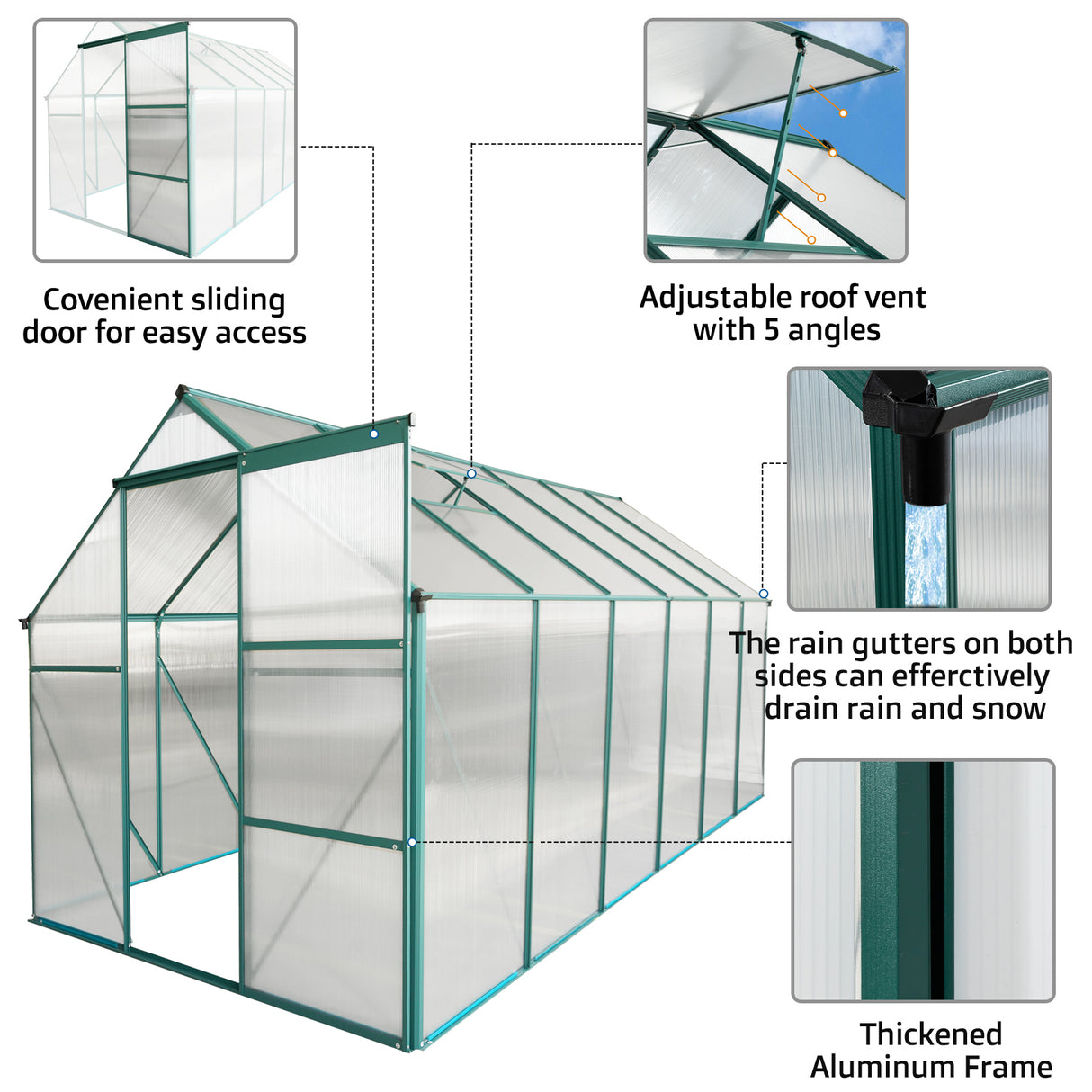 6x12 FT Polycarbonate Greenhouse Raised Base at Anchor Aluminum Heavy Duty Walk-in para sa Outdoor Backyard sa All Season Green