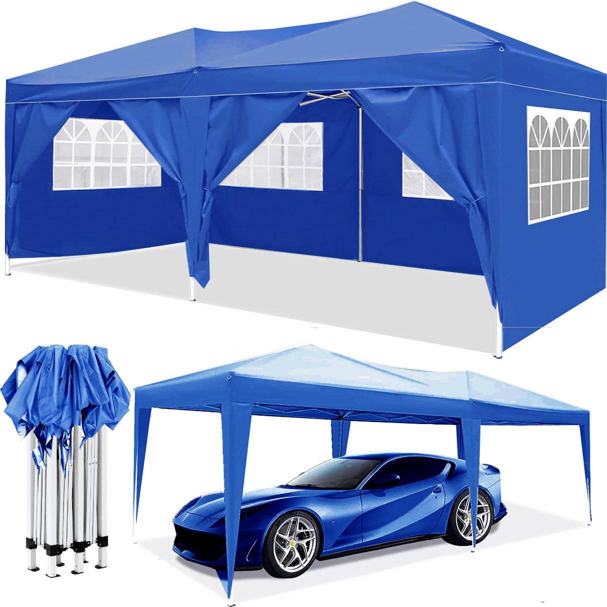 10'x20' EZ Pop Up Canopy Outdoor Tragbares Party-Klappzelt mit 6 abnehmbaren Seitenwänden + Tragetasche + 4 Gewichtstaschen – Blau