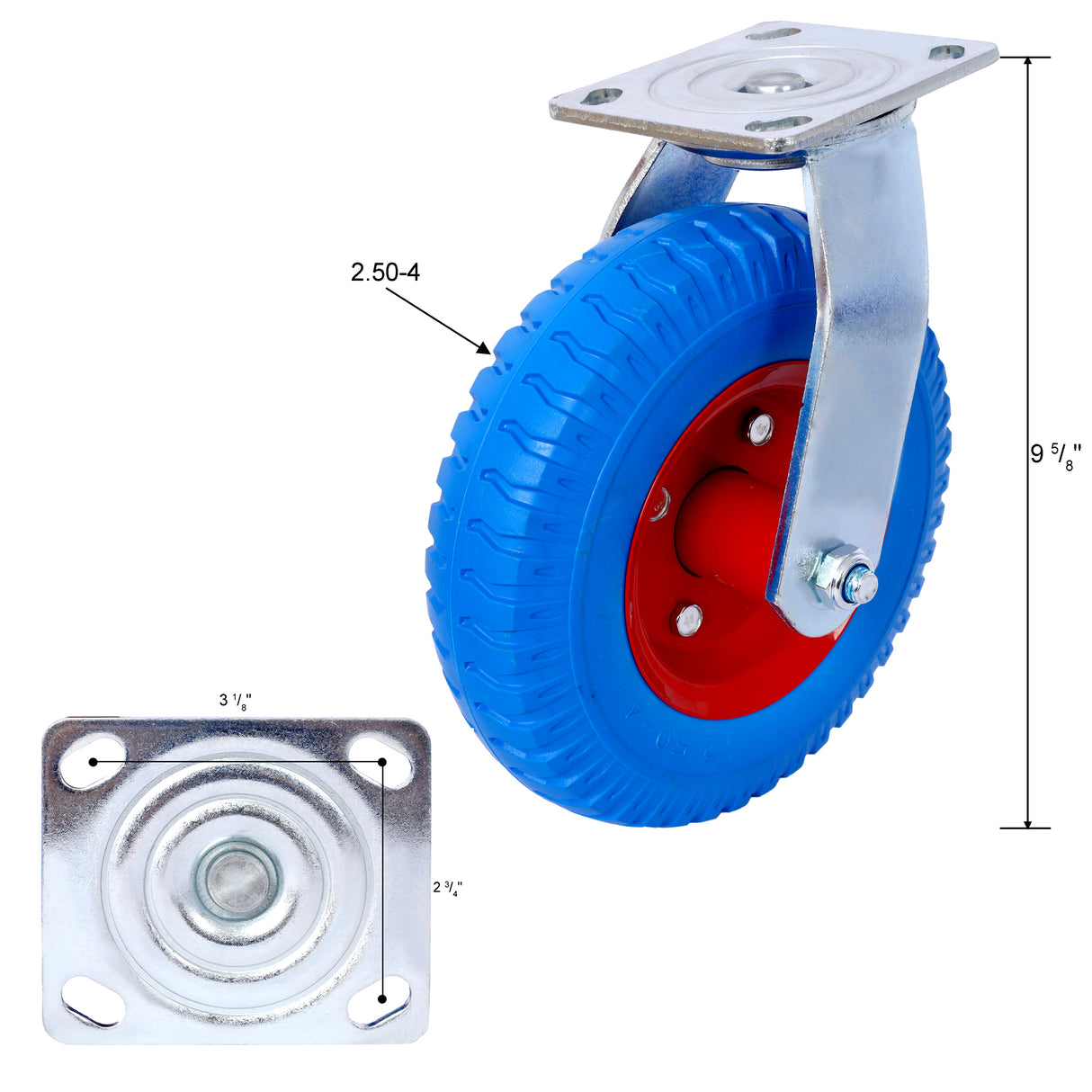 4PCS 8IN Flat Free (2PCS Swivel +2PCS Rigid) Caster Wheel Swivel Plate Steel Hub na may Ball Bearing 5/8-Inch Bore Centered Axle Blue