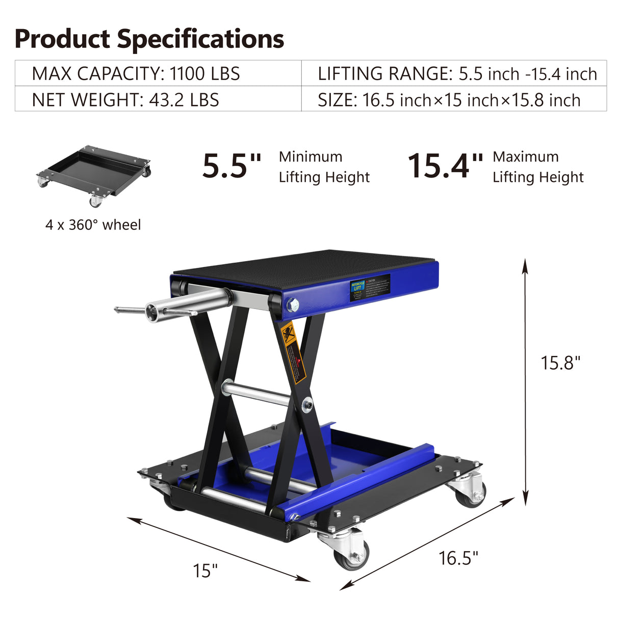 1100 Lbs Steel Wide Deck Motorsiklo ATV Scissor Lift Jack na may Dolly at Hand Crank Bike Garage Repair Hoist Stand