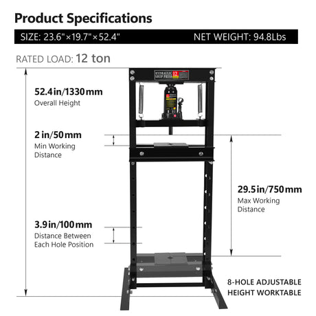 Hydraulic 12 Ton H-Frame Garage Floor Adjustable Shop Press with Plates Black