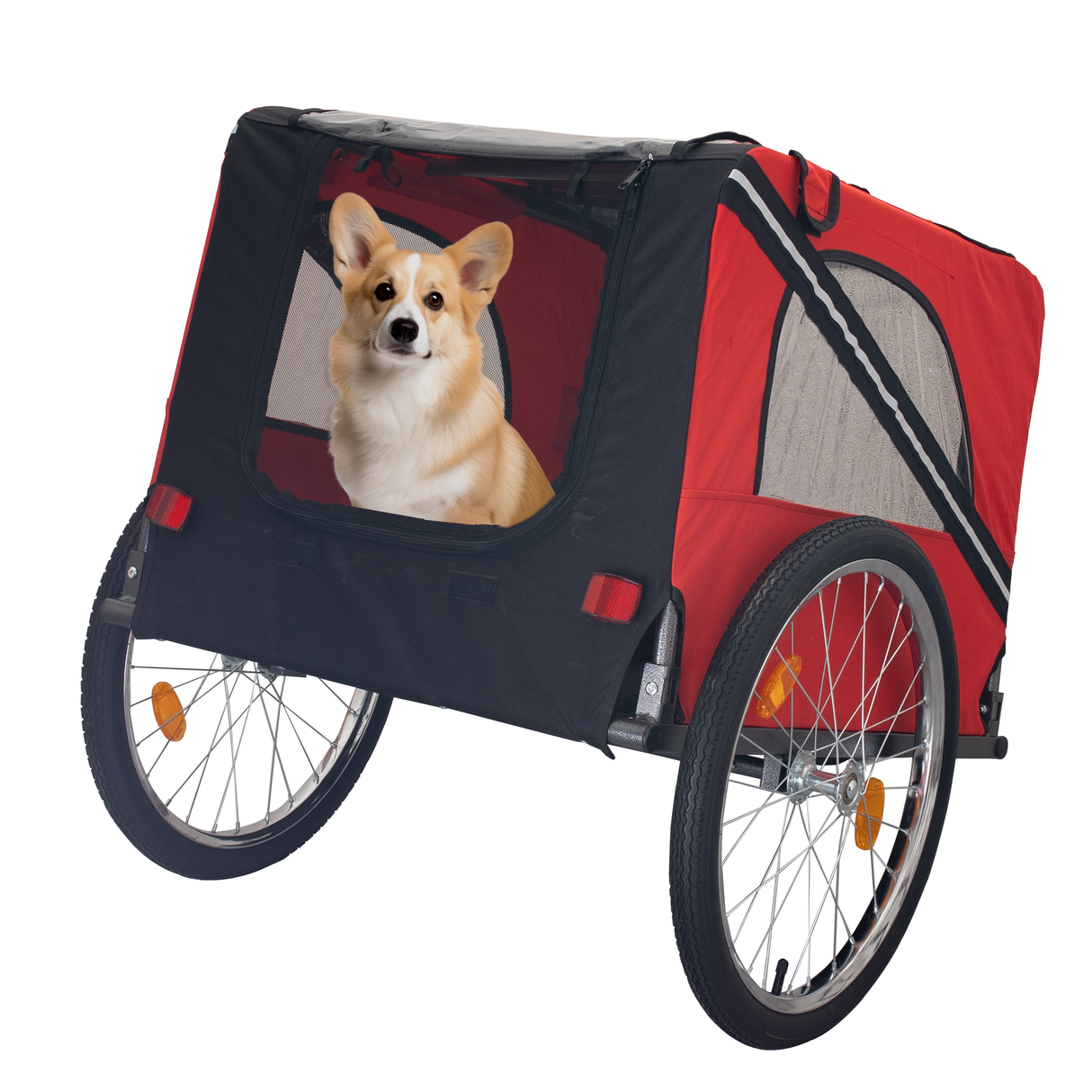 Remolque de bicicleta para perros Carro para perros de malla transpirable con 3 entradas Bandera de seguridad 8 reflectores Carro plegable para transportar mascotas con ruedas de 20 pulgadas Portabicicletas para perros medianos y pequeños Rojo Negro